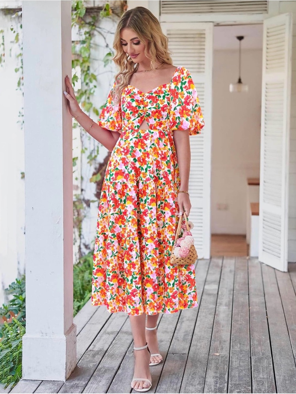 Floral Puff-Sleeve Midi Dress - White with Orange & Pink Floral